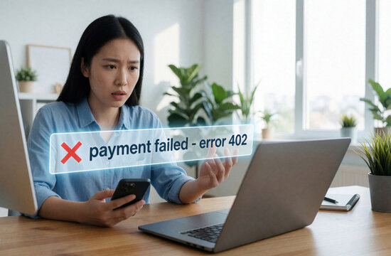 Frustrated young Asian woman stares at laptop screen with error message. Payment failed notification shows error 402 on computer. Holds smartphone, looks stressed facing online transaction problem.