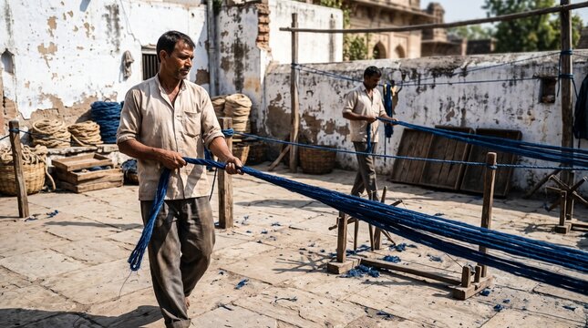Indigo rope makers prepare strands in sunlit workshop