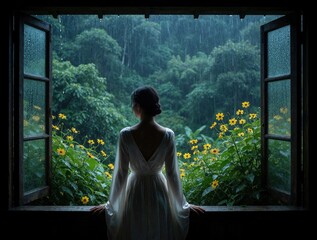 Naklejka premium Backview of woman in white dress standing by open window. Watches heavy rain fall over rich green forest with yellow flowers. Solitary female looks at nature from indoor room during storm. Peaceful