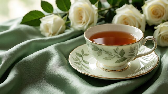 Elegant porcelain tea cup with herbal drink sits on sage green silk fabric. White roses bloom in background. Still life setup for relaxing afternoon tea time. Fine ceramic saucer with green leaf