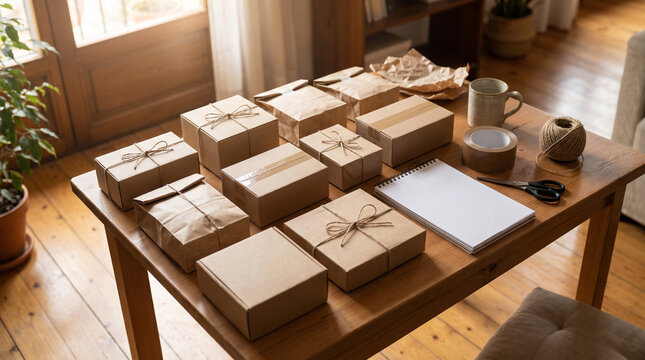 Small business shipping packages and boxes organized on a packing table