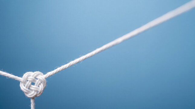 Close up of a white decorative knot tied from a thin rope against a soft blue background, symbolizing connection and strength