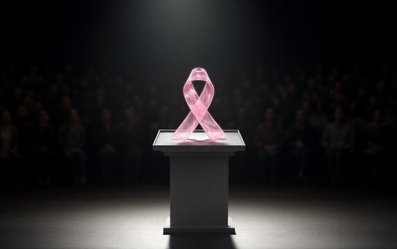 Pink ribbon symbolizes breast cancer awareness, spotlighted on a podium before an audience.