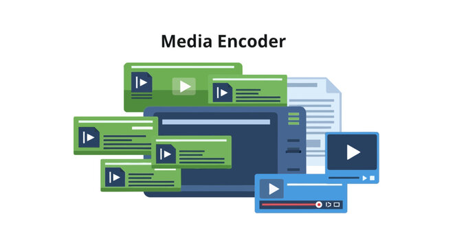 Media Encoder Concept Illustration: Professional Video Transcoding, Rendering, and Digital Media Processing Workflow