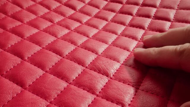 Quilted leather texture with hand touching, close up of red diamond stitched leather upholstery, luxury padded genuine leather material in leather shop and factory