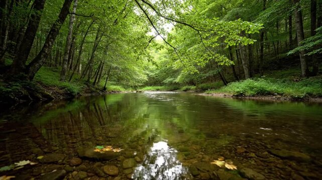 Tranquil forest stream flowing gently through a lush green woodland with dense foliage, featuring crystal clear water revealing a stony riverbed and beautiful reflections of the sky and trees.