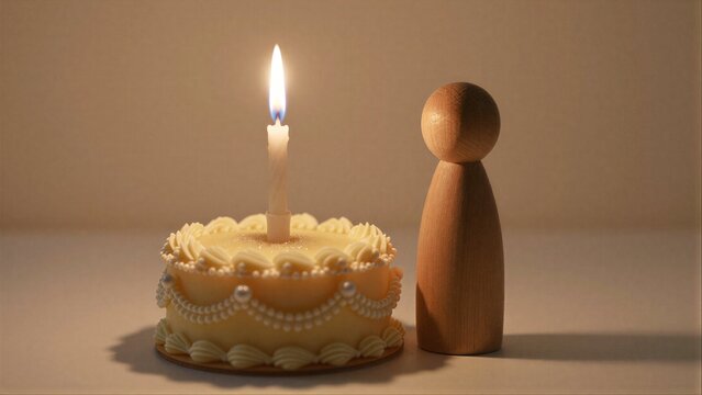 Birthday cake with one candle, wooden figure beside it in warm light.