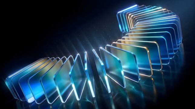 Sequential row of glowing blue and gold translucent glass cards on black surface symbolizing digital workflow, layered data architecture, and modern UI design
