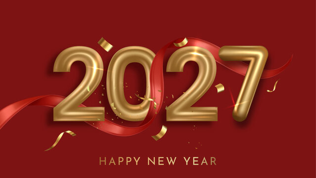 Happy New Year 2027 Celebration with Golden Numbers, Flowing Red Ribbon and Gold Confetti on Elegant Red Background