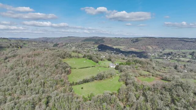 Farms and Woods over East Dartmoor National Nature Reserve from a drone, Yarner Wood, Lustleigh, Newton Abbot, Devon, England, United Kingdom