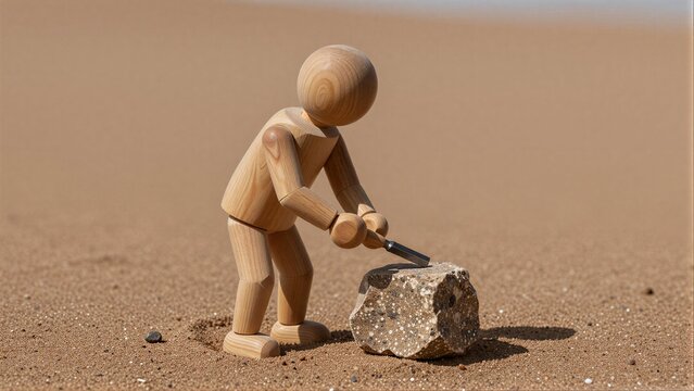 Wooden figure chisels stone in desert, symbolizing effort and perseverance.