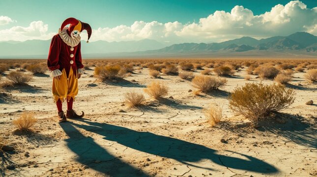 Lonely jester stands in dry desert wasteland under blue sky. Sad clown wearing red, yellow costume looks down in solitude. Desolate barren landscape with small bushes, mountains in background.