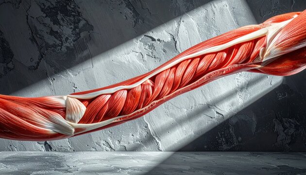 Detailed anatomical model of a human forearm showing muscle structure and tendons