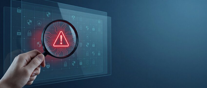 Hand holding magnifying glass over glowing red warning sign on digital interface, security alert, data analysis, threat detection, system error, cybersecurity concept