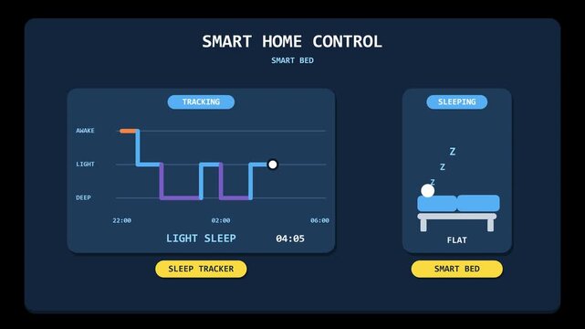 Pixel Art Smart Home Control User Interface Animation Showing Smart Bed Sleep Tracking Dashboard.