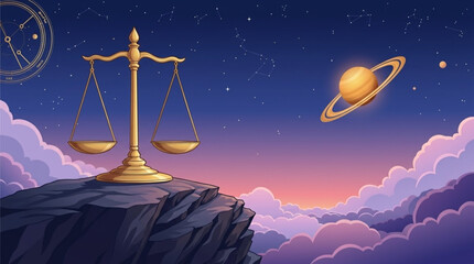Golden balance scales of justice on mountain peak with saturn planet and starry sky background vector illustration. © Lapak orang bejo