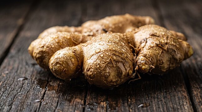 Macro view of freshly washed ginger roots with delicate water droplets, emphasizing knobby texture, earthy tones, natural freshness, and premium culinary appeal.