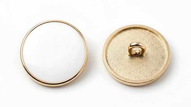 Two round clothing buttons white face gold rim and loop fashion accessory sewing desi