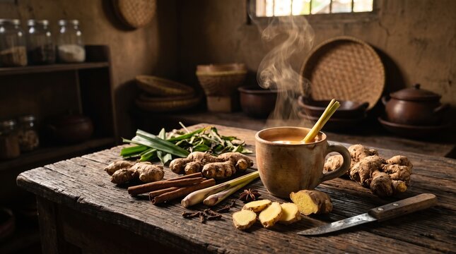Fresh ginger and a steaming traditional ginger drink arranged on a rustic table, creating a warm Indonesian culinary scene with aromatic spices and natural textures.