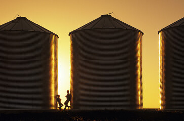 father and son chat next to grain bins, near Carey, Manitoba, Canada © Dave