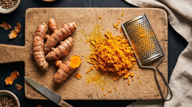 Fresh turmeric being grated on a wooden board, showing vibrant golden shavings and natural preparation for cooking, seasoning, and homemade recipes.