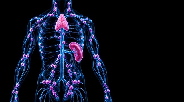 Medical illustration of the human lymphatic system showing nodes and vessels.