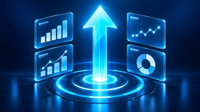 Glowing upward arrow surrounded by digital glass dashboards showing business intelligence and financial data analytics