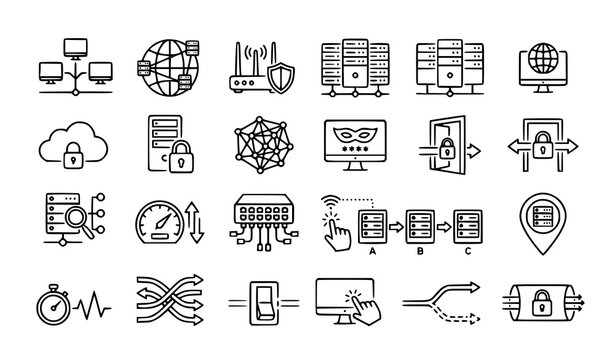 Network and Server Line Icon Set with Data Center, Secure Router, Cloud Lock, Network Switch, Speed Gauge, Ping Monitor, Proxy Anonymity, Server Location and Tunnel
