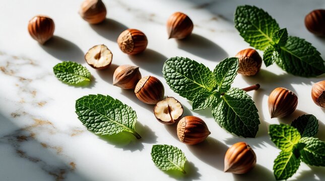Fresh hazelnuts, green mint leaves lie on white marble surface. Raw organic nuts, aromatic herb sprigs create healthy food background. Macro shot of whole, cracked nut shells with tasty natural