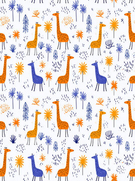 Seamless giraffe palm pattern with colorful wildlife illustration for textile design