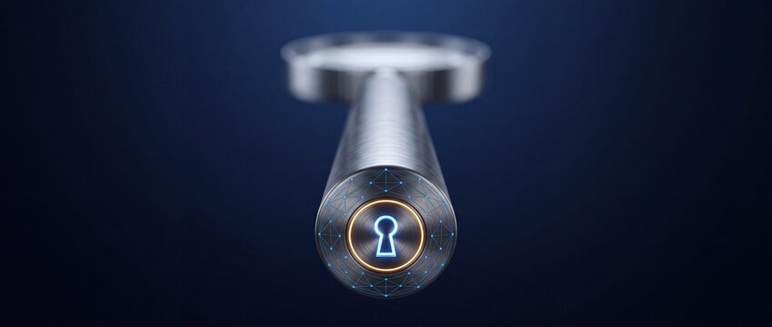 Digital key icon with illuminated lock symbol on metallic texture, representing secure access and data protection concepts