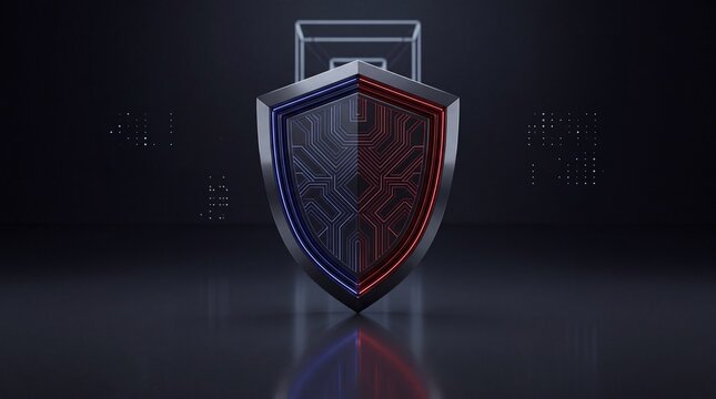 Digital shield emblem with glowing red and blue circuitry pattern, representing cybersecurity and data protection, conceptual technology