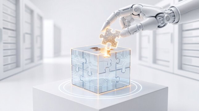 Robotic hand placing final puzzle piece into a glowing cube structure in a clean, futuristic data center environment, symbolizing integration and completion.
