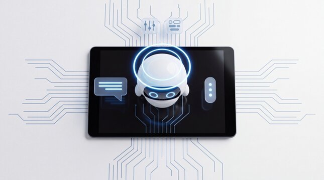 Digital assistant chatbot interface on tablet screen with glowing AI robot head, chat bubbles and circuitry pattern, technology and communication concept