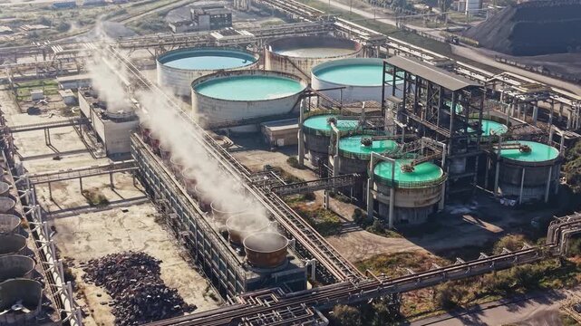Circular treatment tanks and processing equipment stand among pipe networks at an industrial wastewater facility, with steam rising from machinery in daylight.