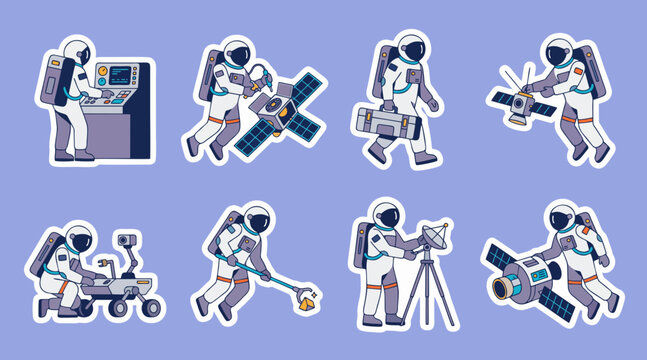 Vector graphic sticker collection of astronauts exploring space with satellites and modern equipment