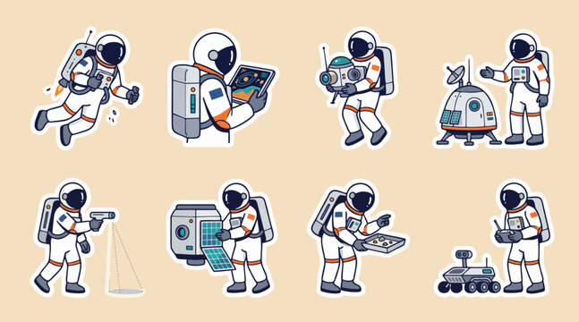 Colorful vector sticker set featuring brave astronauts exploring space and conducting scientific research missions