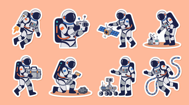 Cute astronaut sticker set vector collection featuring spacemen exploring planets and operating rovers