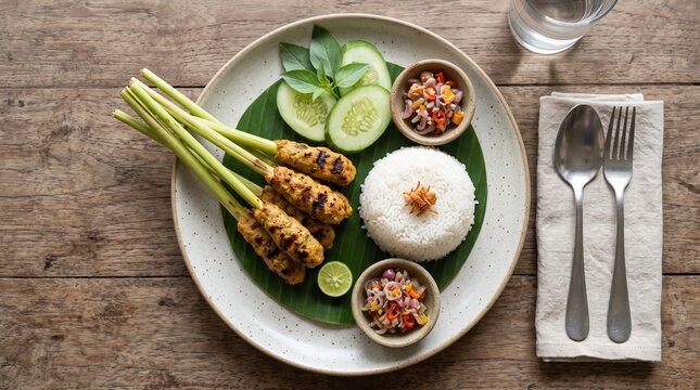 Traditional Balinese sate lilit served with rice, sambal, and fresh vegetables. Suitable for restaurant promotions, food delivery menus, travel publications, and Indonesian culinary campaigns.