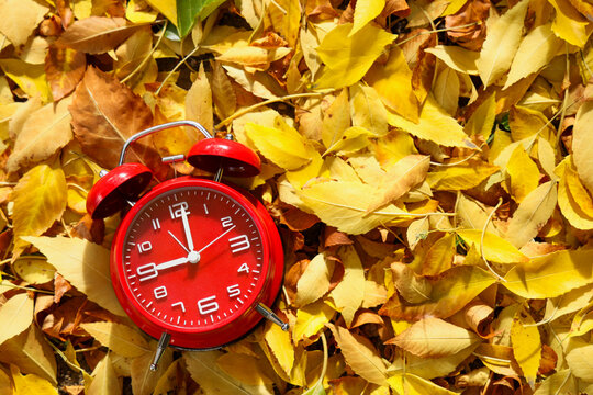 Daylight saving time and seasonal change, red alarm clock on yellow autumn leaves time management and transition in the fall season