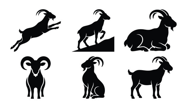 Black goat silhouettes and ram icons for farming branding.