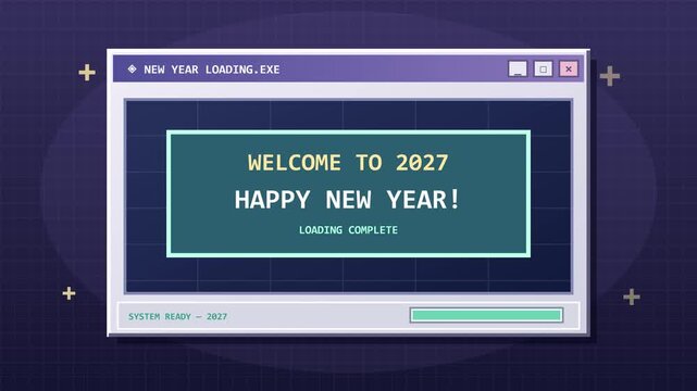 Retro computer window loads a New Year greeting