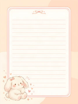 Cute Kawaii Lined Journal Paper for Kids or Students, Bunny and Heart Pattern