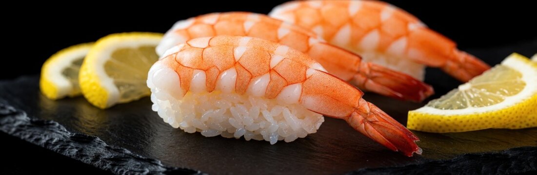 Fresh shrimp sushi nigiri served on dark slate plate. Delicious seafood rolls with white rice, cooked prawns. Sliced lemon pieces garnish tasty japanese meal. Macro view of gourmet ebi sushi against