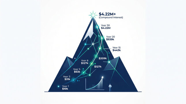 Compound interest growth chart with financial projections and a mountain illustration blue and white vector graphic