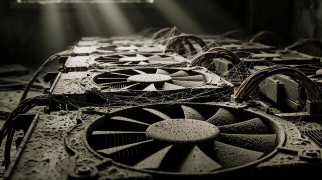 Abandoned mining GPUs covered in thick dust, spiderwebs. Old video cards idle in dark room with light rays. Obsolete computer hardware, electronic parts neglected in industrial space. Broken tech