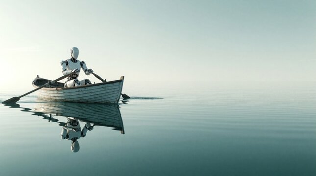 White humanoid android rows wooden boat on calm blue water. Futuristic robot travels alone across peaceful lake. Minimalist sci-fi scene shows mechanical person exploring nature in quiet solitude.