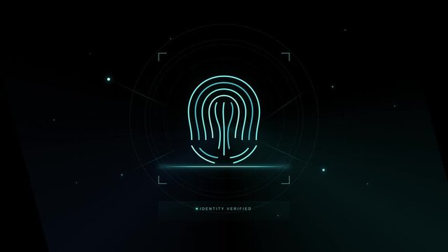Abstract glowing fingerprint icon within a digital scanner interface signifies biometric identification and personal identity verification for secure access.