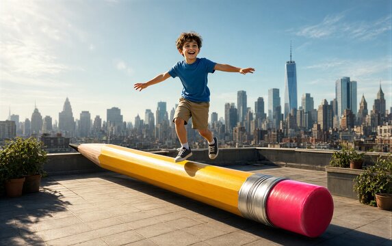 Happy child leaps on giant pencil atop city skyline rooftop under bright sun.