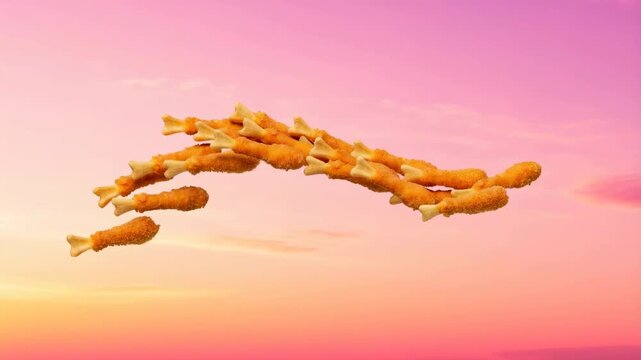 60 FPS Chicken drumstick dog treats flying in formation across pink sunset sky background